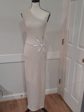 Julia by Love J One-Shoulder Cream Maxi Dress with Floral Cutout - Size M